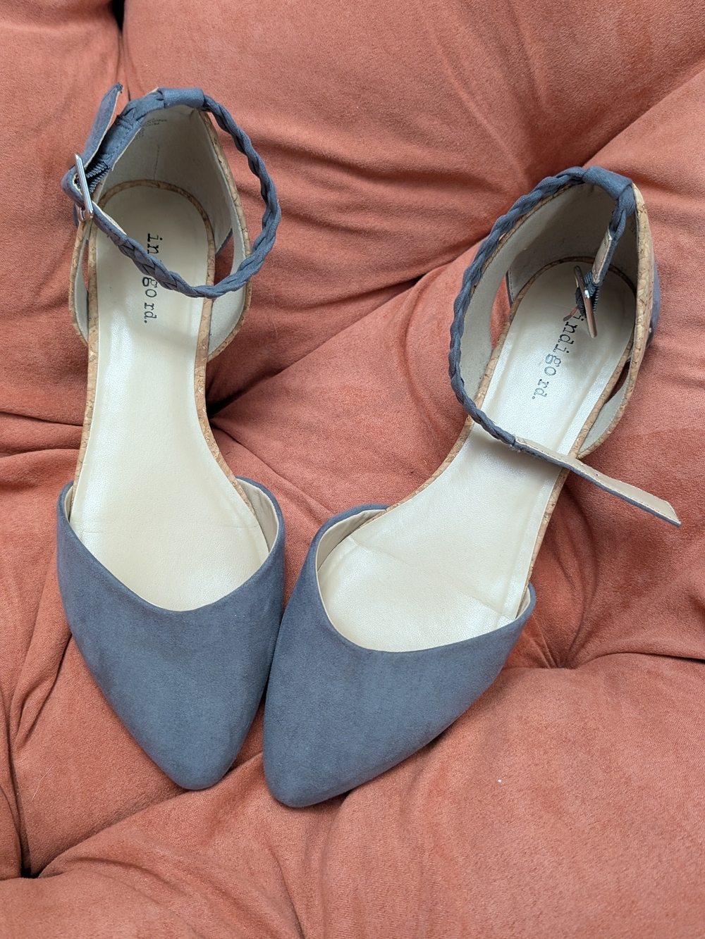 Indigo Gray Pointed-Toe Braided Ankle-Strap Heels